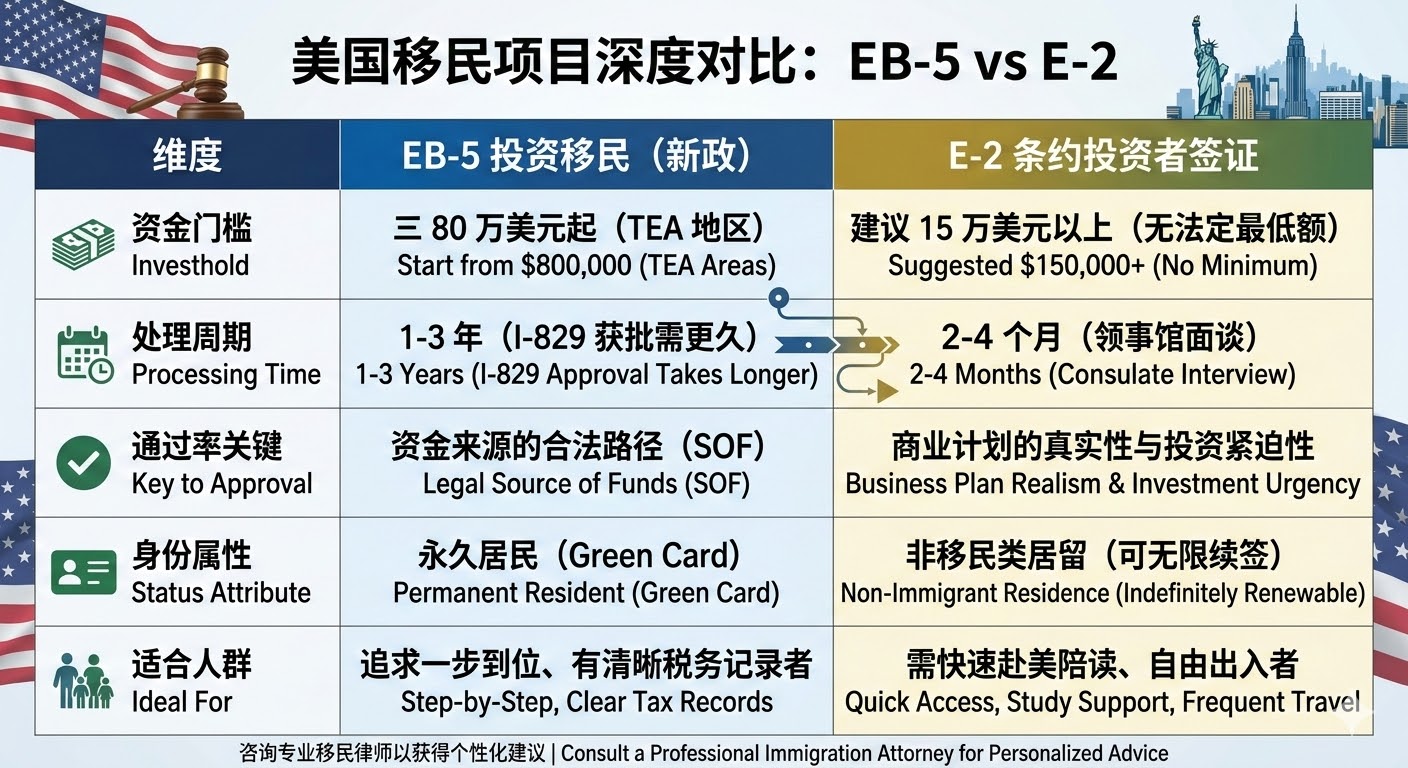 EB-5与E-2签证哪个更容易申请？美国投资移民签证完整对比